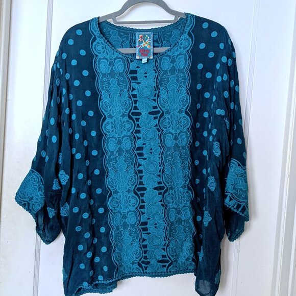 Johnny Was Analusia Embroidered Tunic Top Emerald Green Polka Dot Size S - Picture 4 of 10